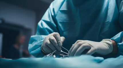Hands of a surgeon in an operating room.