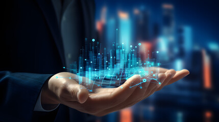 Business hand Worker holding Business analytics Big data analysis technology statistic. Generative Ai.