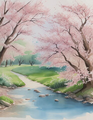 Obraz na płótnie Canvas 桜の木と青い空の水彩風イラスト Generative AI