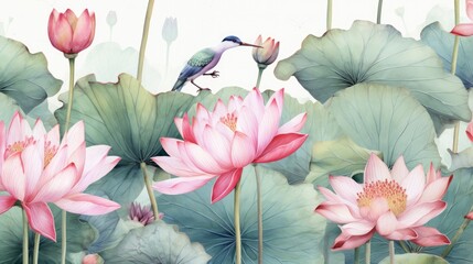 Watercolor wallpaper pattern landscape of lotus flower with kingfisher. Floral and Pink vintage background. Ai generative