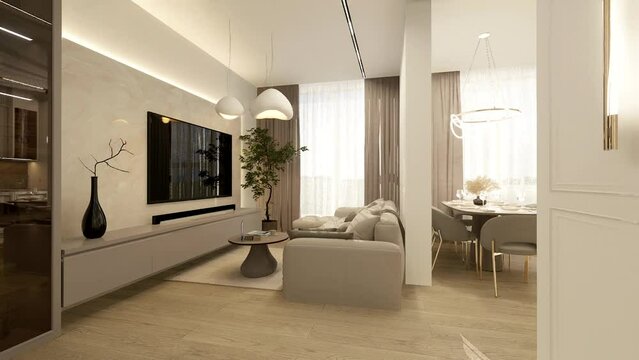 Luxury apartments living room, open space, kitchen-dining area, Japandi style, 3D video.