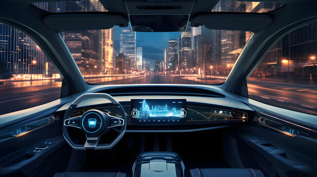 Cockpit of autonomous car and AI(Artificial Intelligence). Driverless car. Self driving vehicle. UGV. Generative Ai.