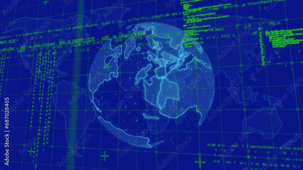 Poster animation of grid pattern, computer language and rotating globe over blue background