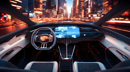 Cockpit of futuristic autonomous car. Generative Ai.