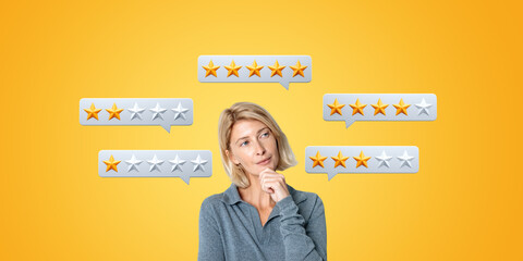 Woman with pensive look, speech bubbles with feedback, online review