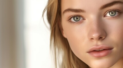Naklejka premium The camera focuses on the radiant beauty of a European lady.