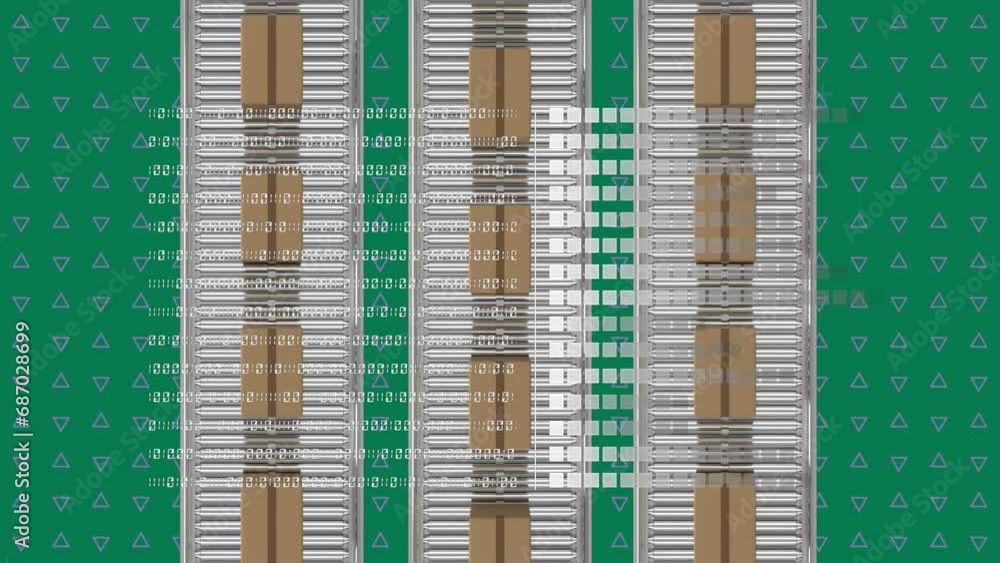 Poster animation of binary codes, cardboard boxes moving on conveyor belts, triangles over green background