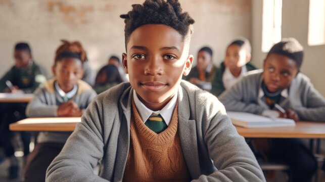 Expressing loneliness, a teen boy sits by himself at a table in a classroom, looking sadly at the camera.