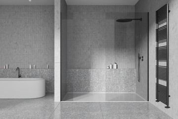 Grey home bathroom interior with shower and tub with rail, accessories - obrazy, fototapety, plakaty