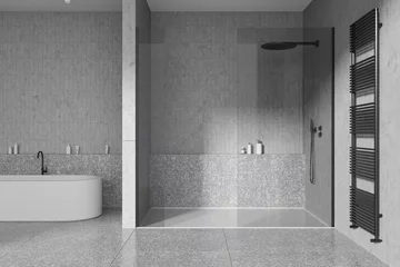 Fototapeten Grey home bathroom interior with shower and tub with rail, accessories © ImageFlow