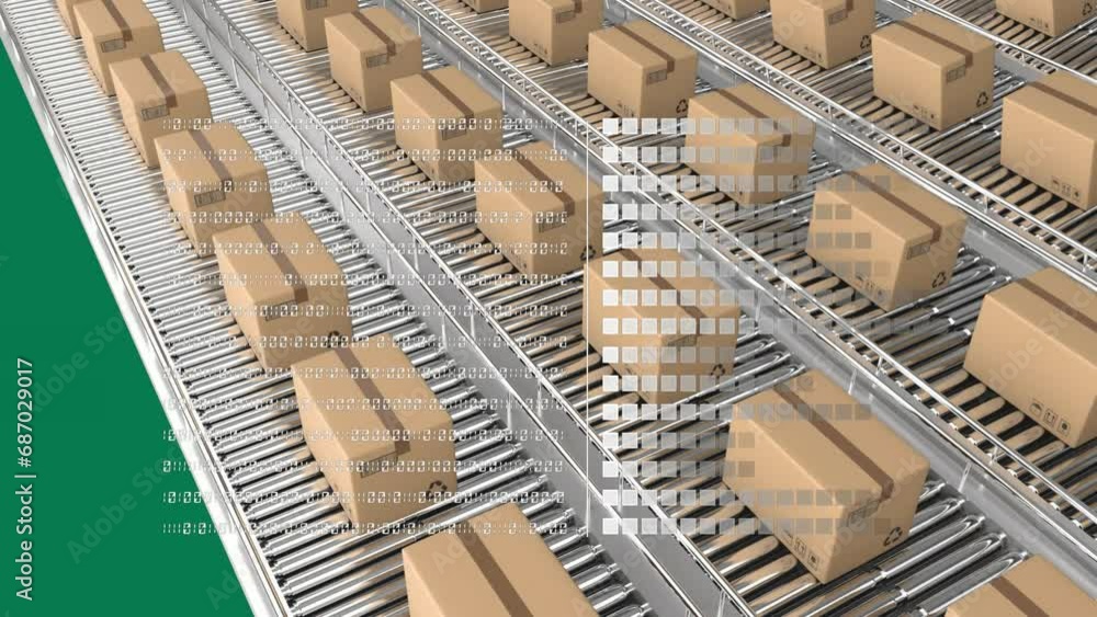 Poster animation of binary codes, squares and carboard boxes moving on conveyor belts over green background