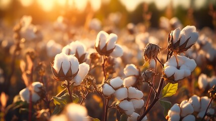 A blooming organic cotton plant in a sustainable - obrazy, fototapety, plakaty