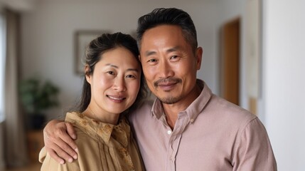 Obraz premium A moment of togetherness unfolds as a middle-aged Asian couple embraces within the walls of their home.