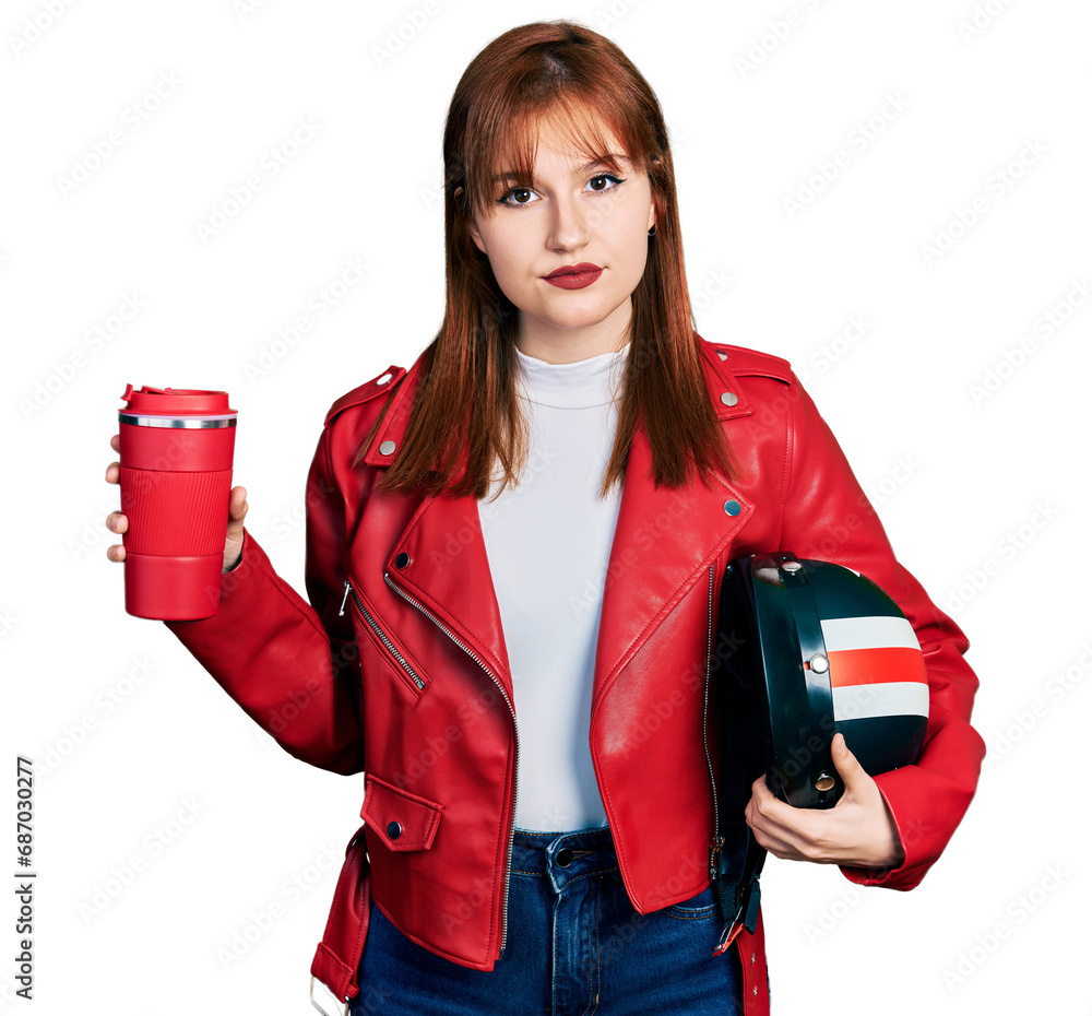 Poster Redhead young woman holding motorcycle helmet and take away coffee relaxed with serious expression on face. simple and natural looking at the camera.