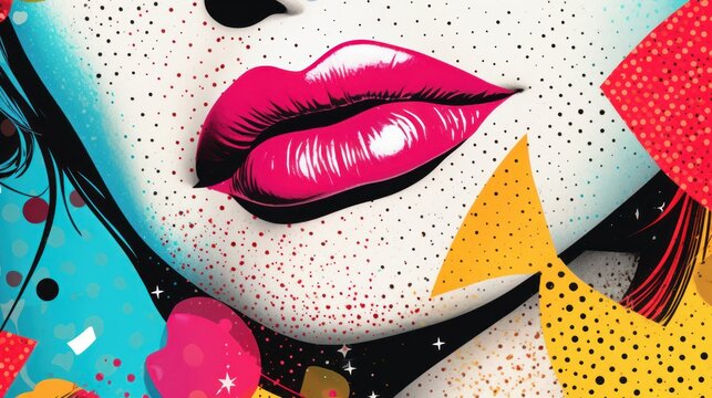 Fototapeta Girl face with red lips in pop art style with dots. Mixed magazine media design. Bright colors.