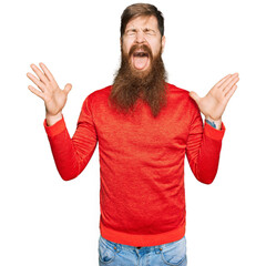 Redhead man with long beard wearing casual clothes celebrating mad and crazy for success with arms...