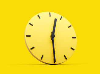 3d Simple Yellow Round Wall Clock 12:30 Twelve Thirty Half Past 12 Yellow Background 3d illustration