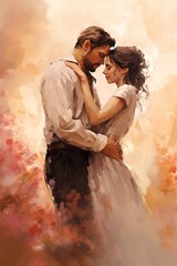 romantic couple, rendered in impressionism style, copy space, generative ai