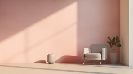 Minimal interior design of a stylish pink room. Pink wall, beige armchair with pillows, ceramic flower pot with plants. Sunlight. Interior Design. Empty wall mock up background. 