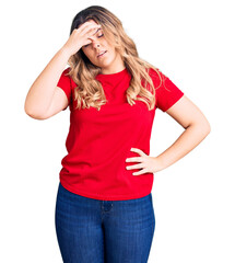 Fototapeta premium Young caucasian woman wearing casual clothes tired rubbing nose and eyes feeling fatigue and headache. stress and frustration concept.