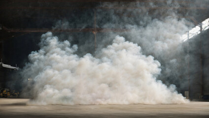 Thick white smoke in a large and empty hangar. Production premises. A showcase with goods.