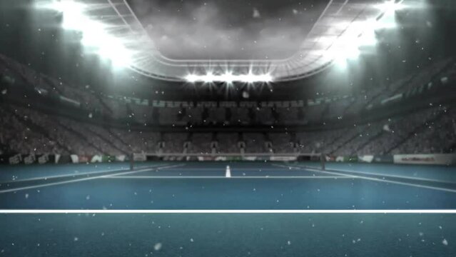 Animation of snowfall over tennis court and lights on roof of stadium against cloudy sky
