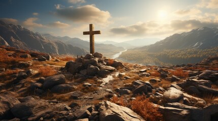 A Christian cross on top of a mountain with a shinin - obrazy, fototapety, plakaty