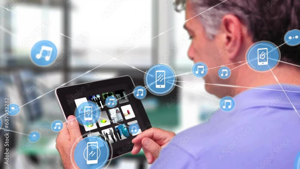Poster animation of connected icons over caucasian man scrolling and looking at pie chart in digital tablet