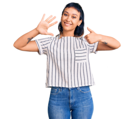 Young woman wearing casual clothes showing and pointing up with fingers number six while smiling confident and happy.