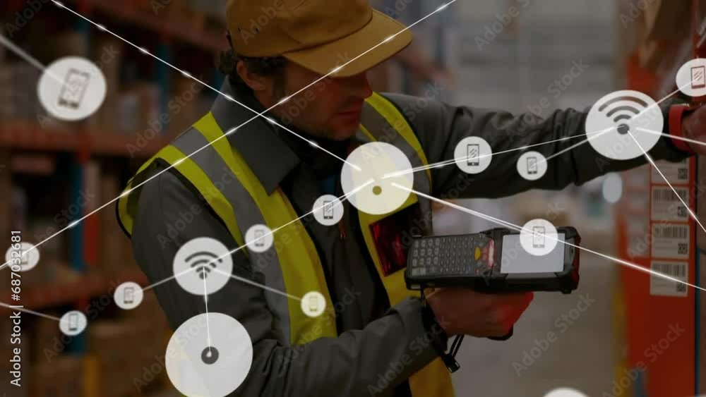 Poster animation of connected icons over caucasian workers using machine to scan details of box