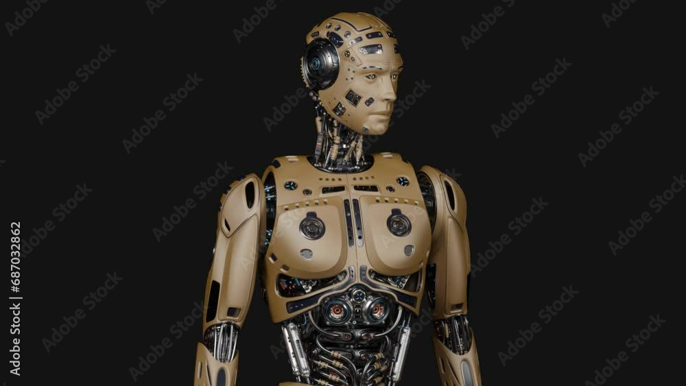 Poster futuristic robot man walk or male humanoid cyborg steps from left to right side of the screen. upper