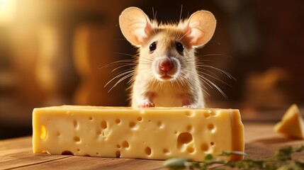 Fototapeta premium Big tasty piece of cheese with a mouse on a yellow