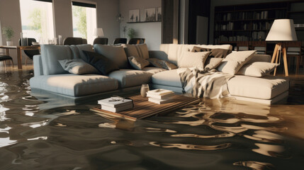 Interior of modern living room with water on the floor. Flooding.