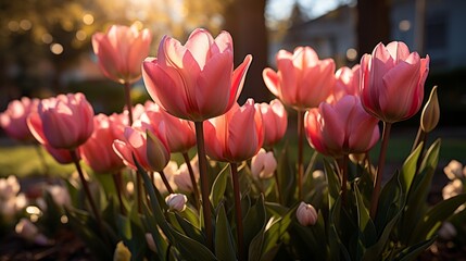 Beautiful pink tulips in full bloom in a garden