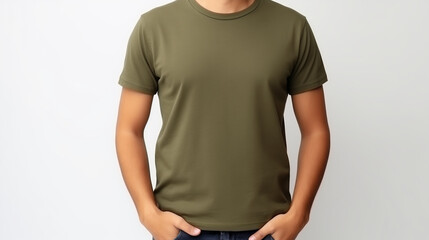 Man wearing olive green t-shirt, isolated in white background