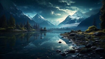 Fototapeta na wymiar Beautiful night landscape of a lake in the mountains
