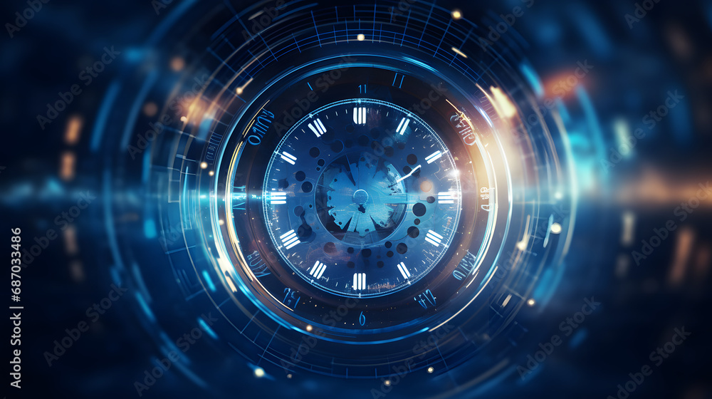 Wall mural Futuristic time clock hand and clock face digital transformation abstract technology background. Business growth currency stock timer and investment economy. Generative Ai.