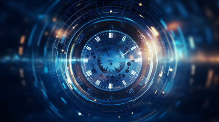 Futuristic time clock hand and clock face digital transformation abstract technology background. Business growth currency stock timer and investment economy. Generative Ai.