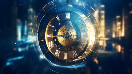 Futuristic time clock hand and clock face digital transformation abstract technology background. Business growth currency stock timer and investment economy. Generative Ai. - obrazy, fototapety, plakaty