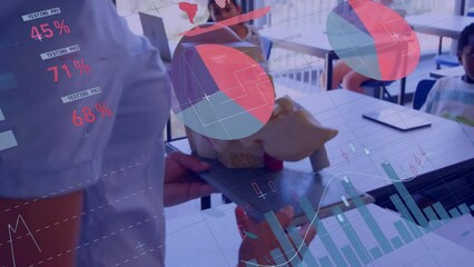 Animation of multicolored infographic interface, diverse teacher using heart model to teach students - Powered by Adobe