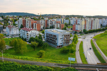 An aerial view over a residential district of Karlovac, south of the historic centre, in Central Croatia. The city railway line is in the foreground