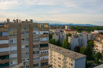 Fototapeta premium An aerial view over a residential district of Karlovac, south of the historic centre, in Central Croatia