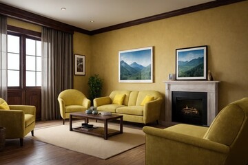 Interior design mockup with picture frame on a Wall. Living room in colors with sofa and painting.