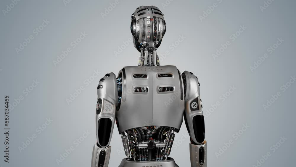 Poster turntable 360 degree animation of futuristic robot or metallic humanoid cyborg. 3d rendering of the 