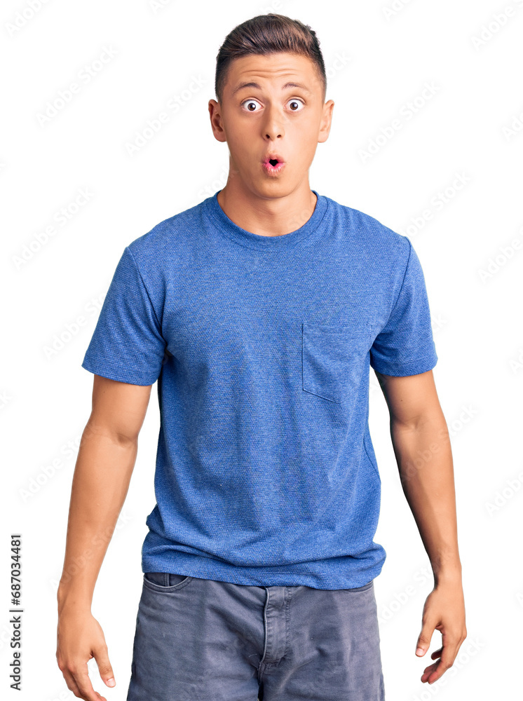 Wall mural Young handsome hispanic man wearing casual clothes scared and amazed with open mouth for surprise, disbelief face - Wall murals
