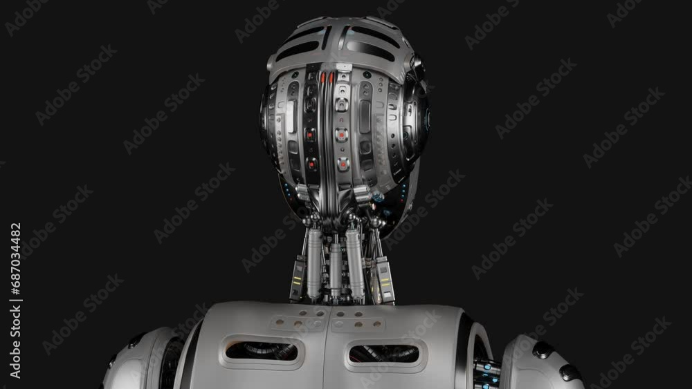 Poster turntable 360 degree animation of futuristic robot or metallic humanoid cyborg. 3d rendering of the 