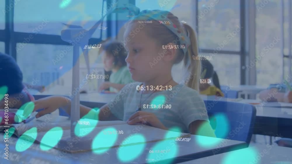 Aufkleber animation of multiple graphs, numbers, map over caucasian girl with windmill model in classroom