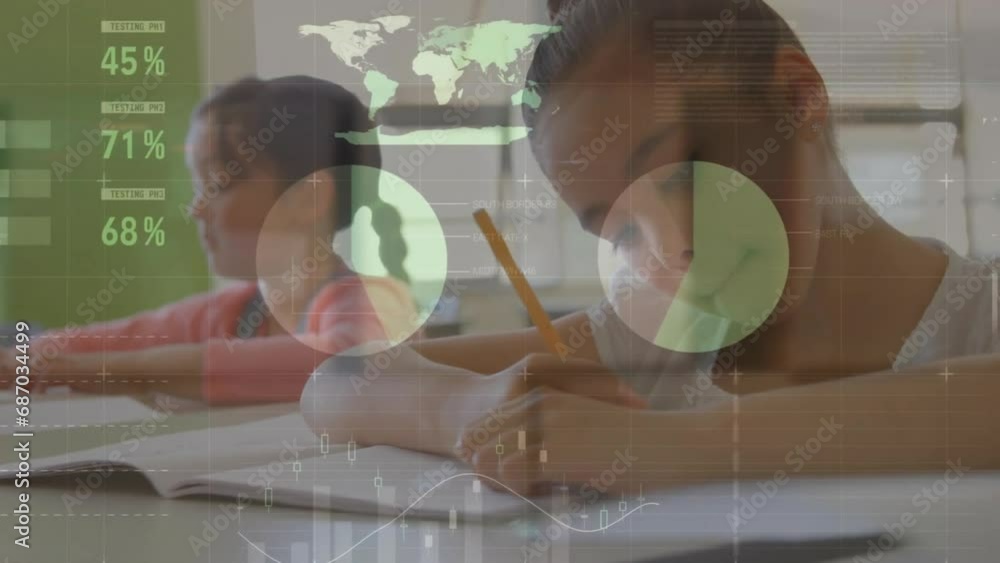 Poster animation of multicolored infographic interface over biracial writing in notebook at classroom