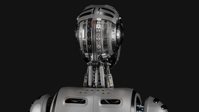 Turntable 360 degree animation of futuristic robot or metallic humanoid cyborg. 3d rendering of the upper body isolated on black background with alpha