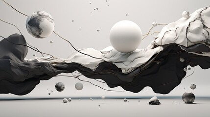 Dynamic background of different elements. Abstract composition of spheres and plastic form. Graphic design.